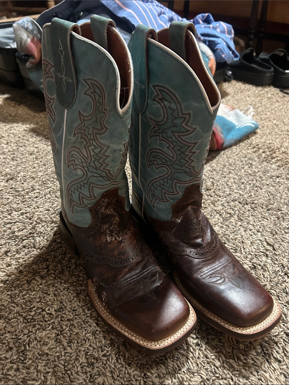Dan Post Brown Leather Cowboy Boots with Light Blue Shaft